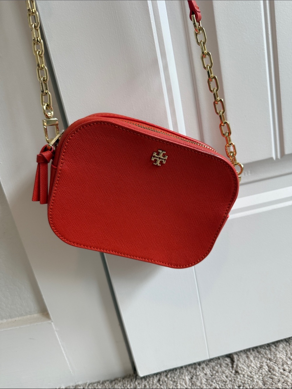 Tory Burch Scarlet Red Saffiano Crossbody Camera Bag with Gold Chain